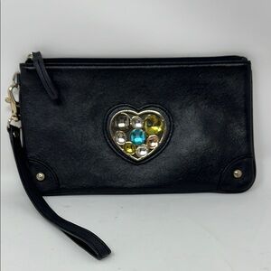 LOVCAT PARIS HEART CRYSTAL BLACK LEATHER WRISTLET WALLET